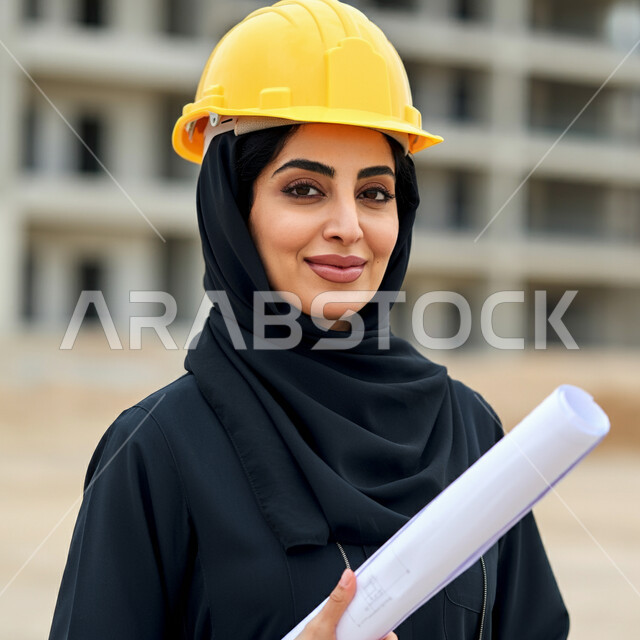 تطور السعودية بمجال الهندسة والبناء على يد أبناء الوطن, إنجاز مهام العمل ومتابعة سير المشروع، صورة مقربة لمهندسة عربية خليجية سعودية محجبة ترتدي خوذه الحماية تحمل بيدها المخططات الإنشائية تنظر إلى الكاميرا بإيماءات الثقة والفخر, متابعة الأعمال الهندسية