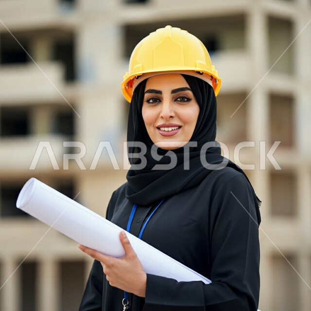 متابعة الأعمال الهندسية، صورة مقربة لمهندسة عربية خليجية سعودية محجبة ترتدي خوذه الحماية تحمل بيدها المخططات الإنشائية تنظر إلى الكاميرا بإيماءات الثقة والفخر, تطور السعودية بمجال الهندسة والبناء على يد أبناء الوطن, إنجاز مهام العمل ومتابعة سير المشروع