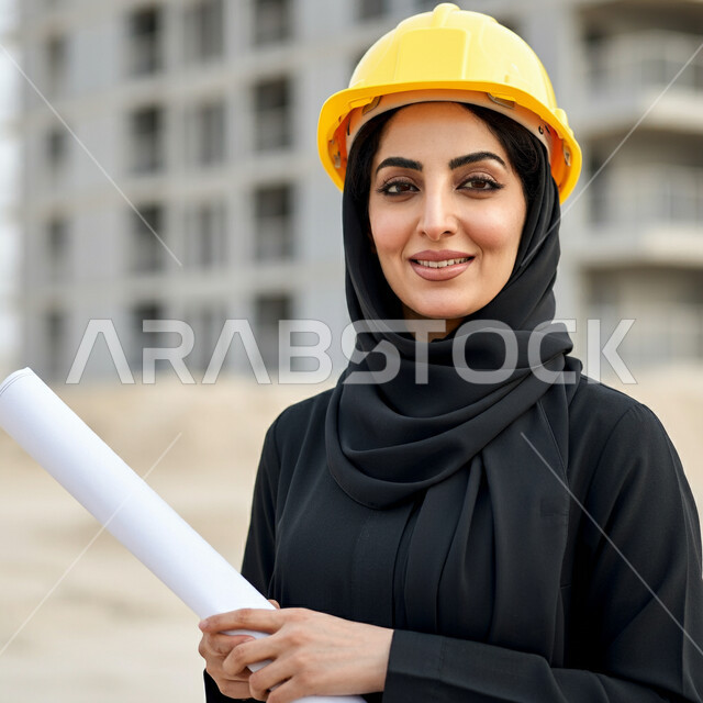 Completing work tasks and following up on the project progress, a close-up of a veiled Saudi Arabian Gulf engineer wearing a protective helmet, holding construction plans in her hand, looking at the camera with gestures of confidence and pride, Saudi Arabia's development in the field of engineering and construction at the hands of the sons of the nation, following up on engineering works