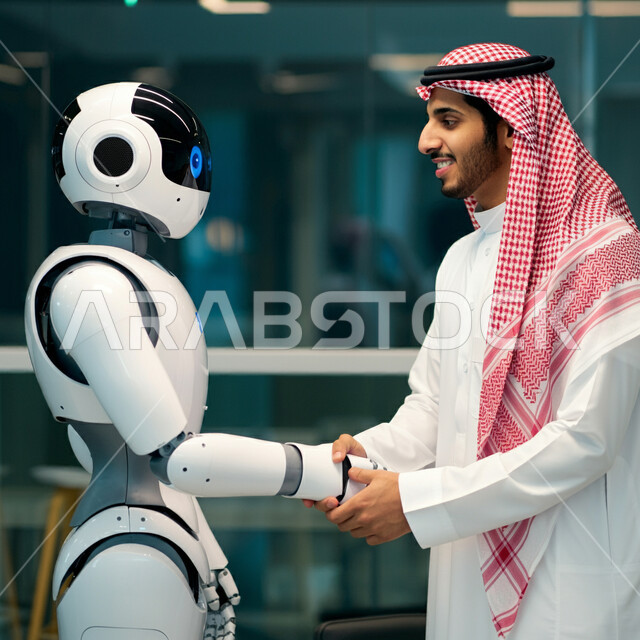 Development of artificial intelligence, science and technology, the concept of cooperation between humans and robots, Saudi Vision 2030, digital transformation and technological progress, achieving the industrial revolution in the electronic field, a side view of a Saudi Arabian Gulf man wearing a traditional thobe and shemagh shaking hands with a robot