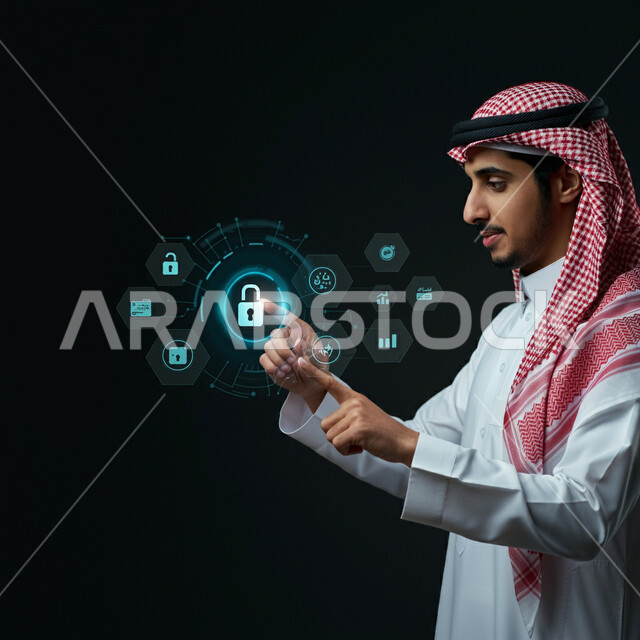 مفهوم الأمن السيبراني، النمو والتقدم التكنولوجي، استخدام التقنيات الالكترونية الحديثه، بورتريه لرجل عربي خليجي سعودي يرتدي الثوب التقليدي والشماغ يتفاعل مع رسومات وأيقونة القفل المضيئة ثلاثية الأبعاد، رموز وعناصر هولوجرامية، المحافظة على حماية البيانات، خلفية سوداء