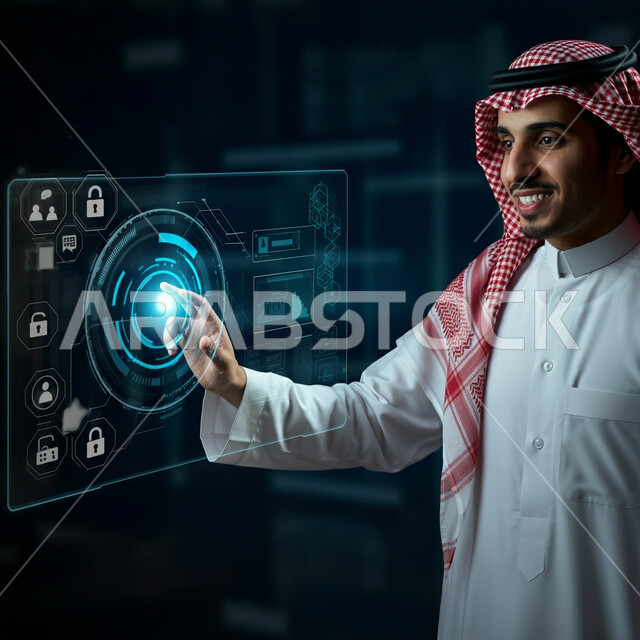 Technological growth and progress, use of modern electronic technologies, close-up portrait of a Saudi Arabian Gulf man wearing traditional thobe and shemagh interacting with 3D illuminated lock graphics and icon, holographic symbols and elements, maintaining data protection, cyber security concept, black background