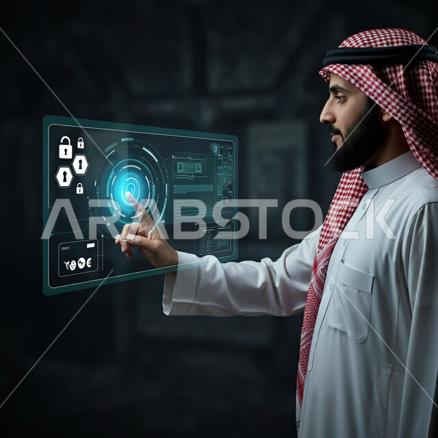 مفهوم الأمن السيبراني، النمو والتقدم التكنولوجي، استخدام التقنيات الالكترونية الحديثه، رجل عربي خليجي سعودي يرتدي الثوب التقليدي والشماغ يتفاعل مع رسومات وأيقونة القفل المضيئة ثلاثية الأبعاد، رموز وعناصر هولوجرامية، المحافظة على حماية البيانات، خلفية سوداء