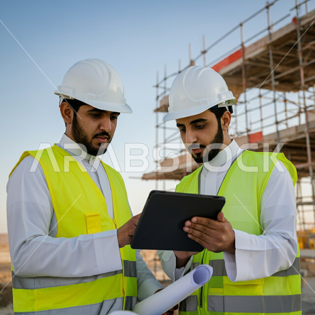 تطور الهندسة الإنشائية في السعودية، استخدام الأجهزة التقنية الحديثة، إنجاز الأعمال والإشراف عليها، صورة مقربة لمهندسين عربيين خليجيين سعوديين يرتديان الخوذة وسترة الحماية يقومان بمتابعة المهام من خلال الجهاز اللوحي، التصاميم الهندسية للمشاريع المستقبلية