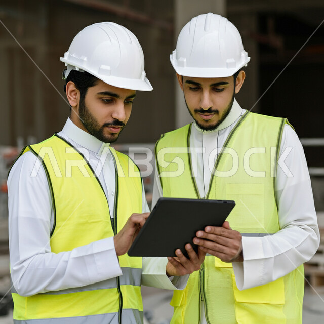 استخدام الأجهزة التقنية الحديثة، إنجاز الأعمال والإشراف عليها، صورة مقربة لمهندسين عربيين خليجيين سعوديين يرتديان الخوذة وسترة الحماية يقومان بمتابعة المهام من خلال الجهاز اللوحي، التصاميم الهندسية للمشاريع المستقبلية، تطور الهندسة الإنشائية في السعودية
