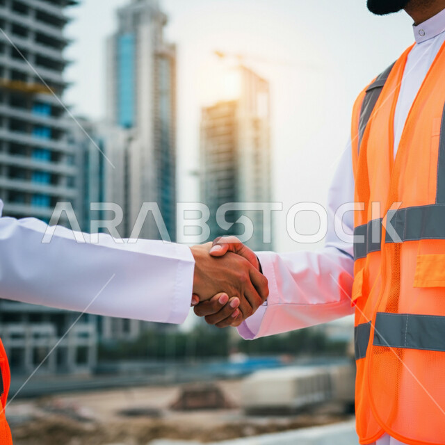 إنجاز الأعمال والإشراف عليها، تعاقدات عمل سعودية ناجحة مع شركات هندسية متطورة، صورة مقربة لمقاولين عربيين خليجيين سعوديين يرتديان سترة الحماية يقفان في موقع المشروع يقومان بمصافحة بعضهما، التصاميم الهندسية للمشاريع المستقبلية، إبرام اتفاقيات ناجحة