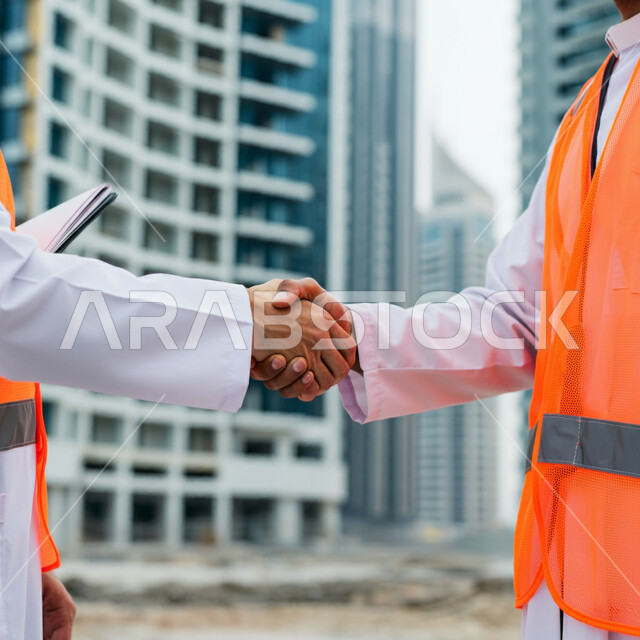 تعاقدات عمل سعودية ناجحة مع شركات هندسية متطورة، صورة مقربة لمقاولين عربيين خليجيين سعوديين يرتديان سترة الحماية يقفان في موقع المشروع يقومان بمصافحة بعضهما، التصاميم الهندسية للمشاريع المستقبلية، إبرام اتفاقيات ناجحة, إنجاز الأعمال والإشراف عليها
