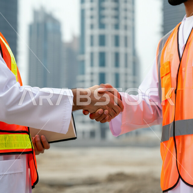 التصاميم الهندسية للمشاريع المستقبلية، تعاقدات عمل سعودية ناجحة مع شركات هندسية متطورة، صورة مقربة لمقاولين عربيين خليجيين سعوديين يرتديان سترة الحماية يقفان في موقع المشروع يقومان بمصافحة بعضهما، إبرام اتفاقيات ناجحة, إنجاز الأعمال والإشراف عليها