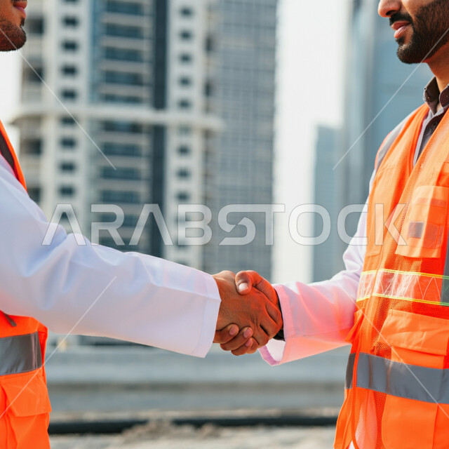Concluding successful agreements, engineering designs for future projects, successful Saudi work contracts with advanced engineering companies, close-up photo of two Saudi Gulf Arab contractors wearing protective suits standing at the project site shaking hands, completing and supervising the work