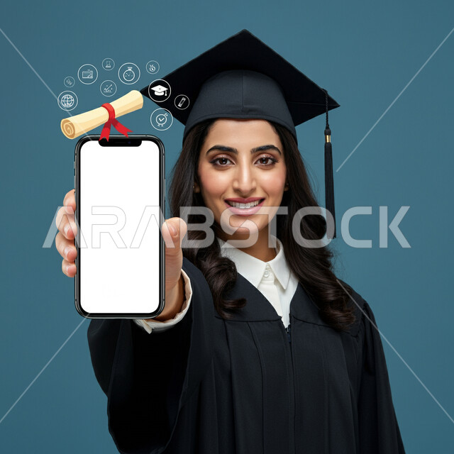 عرض شاشة بيضاء فارغة عبر الجوال، ايماءات الفخر والثقة بالنفس، مفهوم الاجتهاد والتفوق، الاحتفال بإنهاء الدراسة الجامعية، بورتريه مقرب لطالبة عربية خليجية سعودية ترتدي عباءه وقبعة التخرج تحمل بيدها الهاتف المحمول، خلفية زرقاء