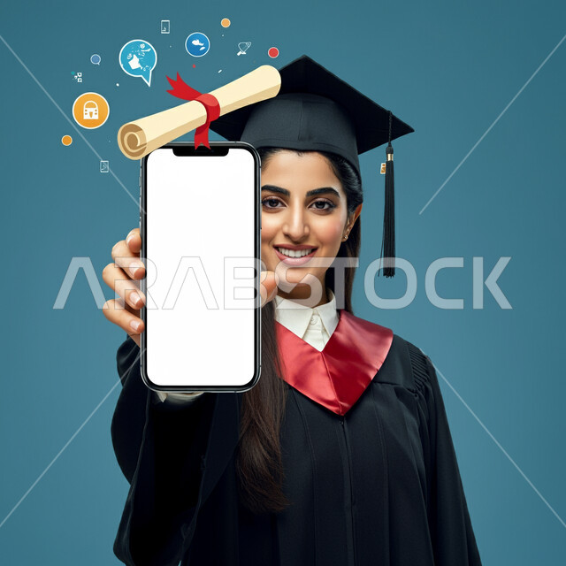 Celebrating the completion of university studies, gestures of pride and self-confidence, displaying a blank white screen via mobile, the concept of diligence and excellence, close-up portrait of a Saudi Arabian Gulf female student wearing an abaya and graduation cap holding a mobile phone in her hand, blue background