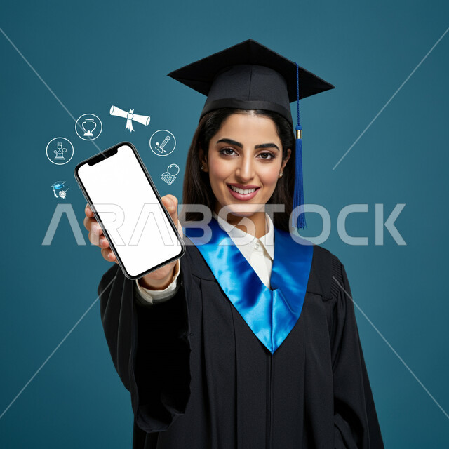 ايماءات الفخر والثقة بالنفس، عرض شاشة بيضاء فارغة عبر الجوال، مفهوم الاجتهاد والتفوق، الاحتفال بإنهاء الدراسة الجامعية، بورتريه مقرب لطالبة عربية خليجية سعودية ترتدي عباءه وقبعة التخرج تحمل بيدها الهاتف المحمول، خلفية زرقاء