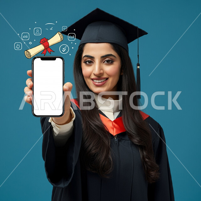 الاحتفال بإنهاء الدراسة الجامعية، ايماءات الفخر والثقة بالنفس، عرض شاشة بيضاء فارغة عبر الجوال، مفهوم الاجتهاد والتفوق، بورتريه مقرب لطالبة عربية خليجية سعودية ترتدي عباءه وقبعة التخرج تحمل بيدها الهاتف المحمول، خلفية زرقاء