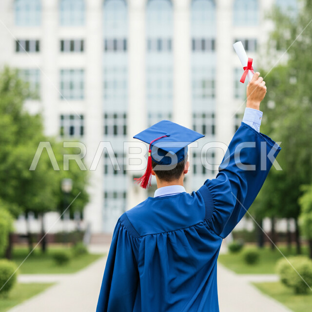 Feeling proud and confident, concept of hard work and excellence, celebration of finishing university studies, close-up from the back of a Saudi Arabian Gulf student wearing an abaya and graduation cap holding the certificate high with gestures of joy and happiness