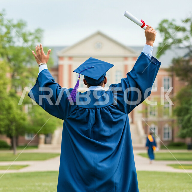 الشعور بالفخر والثقة بالنفس، مفهوم الاجتهاد والتفوق، الاحتفال بإنهاء الدراسة الجامعية، صورة من الخلف لطالب عربي خليجي سعودي يرتدي عباءه وقبعة التخرج يحمل بيده الشهادة يرفع يديه بايماءات السرور والسعادة
