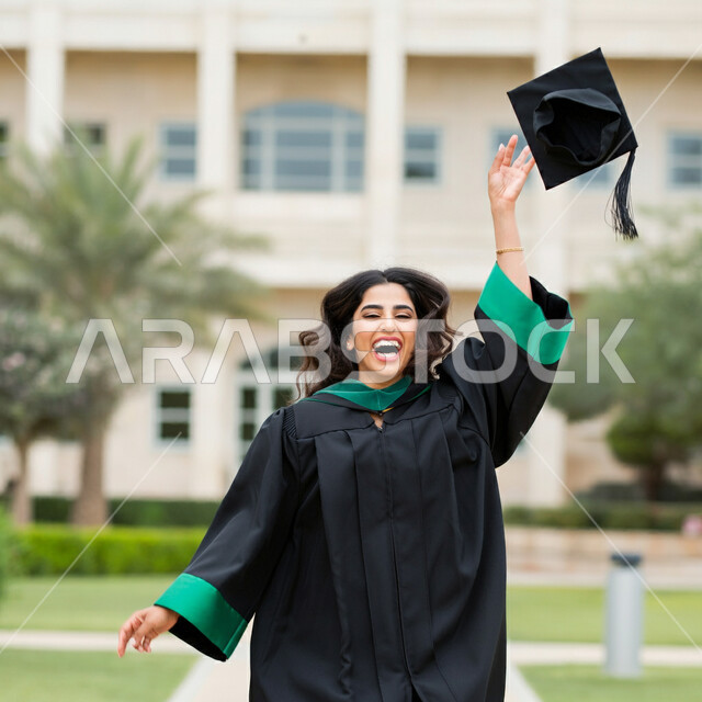 الاحتفال بإنهاء الدراسة الجامعية، الشعور بالفخر والثقة بالنفس، مفهوم الاجتهاد والتفوق، طالبة عربية خليجية سعودية ترتدي عباءه وقبعة التخرج تقوم بالقفز للاعلى بايماءات السرور والسعادة