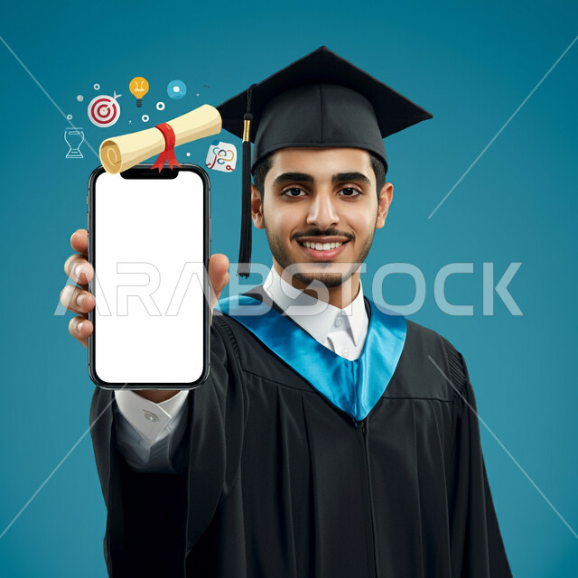 عرض شاشة بيضاء فارغة عبر الجوال، ايماءات الفخر والثقة بالنفس، مفهوم الاجتهاد والتفوق، الاحتفال بإنهاء الدراسة الجامعية، بورتريه مقرب لطالب عربي خليجي سعودي يرتدي عباءه وقبعة التخرج يحمل بيده الهاتف المحمول، خلفية زرقاء