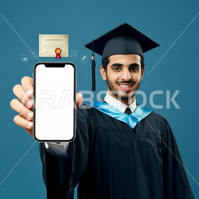 مفهوم الاجتهاد والتفوق، ايماءات الفخر والثقة بالنفس، عرض شاشة بيضاء فارغة عبر الجوال، الاحتفال بإنهاء الدراسة الجامعية، بورتريه مقرب لطالب عربي خليجي سعودي يرتدي عباءه وقبعة التخرج يحمل بيده الهاتف المحمول، خلفية زرقاء