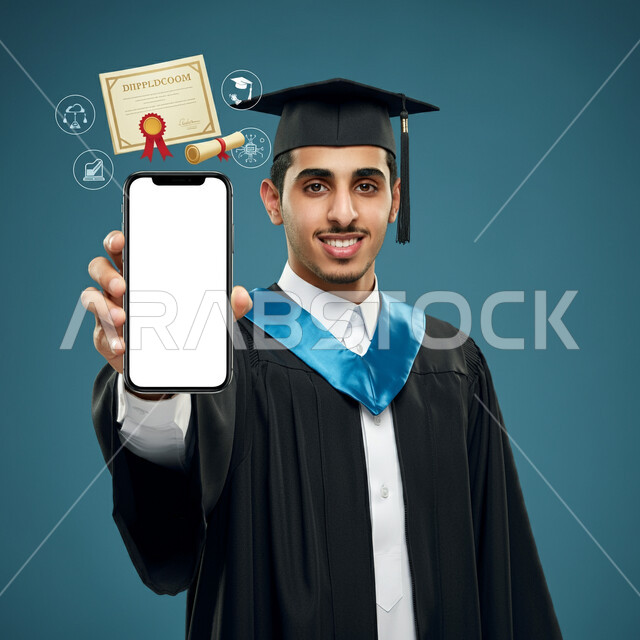 ايماءات الفخر والثقة بالنفس، عرض شاشة بيضاء فارغة عبر الجوال، مفهوم الاجتهاد والتفوق، الاحتفال بإنهاء الدراسة الجامعية، بورتريه مقرب لطالب عربي خليجي سعودي يرتدي عباءه وقبعة التخرج يحمل بيده الهاتف المحمول، خلفية زرقاء