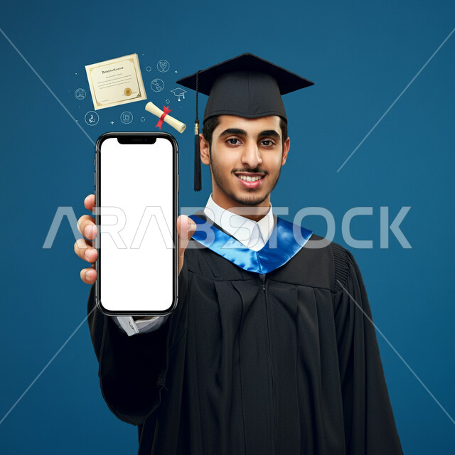 Blank white screen view on mobile, gestures of pride and self-confidence, concept of hard work and excellence, celebration of finishing university studies, close-up portrait of a Saudi Arabian Gulf student wearing an abaya and graduation cap holding a mobile phone, blue background
