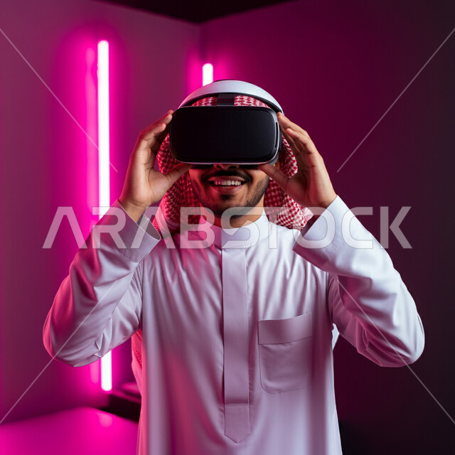 الاندماج والتفاعل ومحاكاة العالم الخيالي، صورة مقربة لرجل عربي خليجي سعودي مبتسم يرتدي الثوب التقليدي والشماغ يضع نظارة الواقع الافتراضي، استخدام التقنية والاجهزة الحديثة، قضاء اوقات ممتعة باستخدام نظارات ثلاثية الابعاد