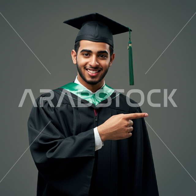 الاحتفال بإنهاء الدراسة الجامعية، تحديد موقع شيء ما، مفهوم الاجتهاد والتفوق، الشعور بالفخر والثقة بالنفس، بورتريه مقرب لطالب عربي خليجي سعودي يرتدي عباءه وقبعة التخرج يشير لمكان ما بايماءات السرور، خلفية رمادية