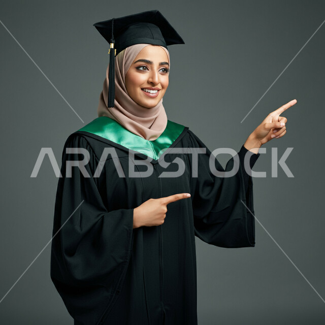 مفهوم الاجتهاد والتفوق، الشعور بالفخر والثقة بالنفس، الاحتفال بإنهاء الدراسة الجامعية، تحديد موقع شيء ما، بورتريه لطالبة عربية خليجية سعودية ترتدي عباءه وقبعة التخرج تشير لمكان ما بايماءات السرور، خلفية رمادية