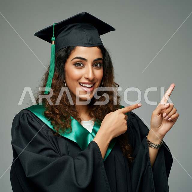 الشعور بالفخر والثقة بالنفس، الاحتفال بإنهاء الدراسة الجامعية، تحديد موقع شيء ما، مفهوم الاجتهاد والتفوق، بورتريه مقرب لطالبة عربية خليجية سعودية ترتدي عباءه وقبعة التخرج تشير لمكان ما بايماءات السرور، خلفية رمادية