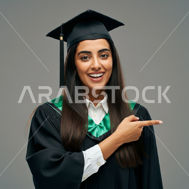 Locating something, celebrating finishing university, feeling proud and confident, concept of hard work and excellence, close-up portrait of a Saudi Arabian Gulf female student wearing an abaya and graduation cap pointing to a place with gestures of pleasure, gray background