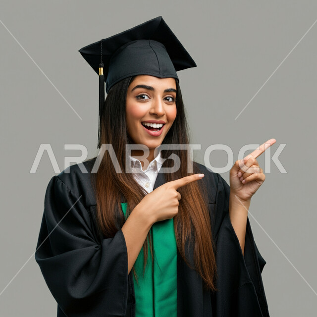 الاحتفال بإنهاء الدراسة الجامعية، تحديد موقع شيء ما، الشعور بالفخر والثقة بالنفس، مفهوم الاجتهاد والتفوق، بورتريه مقرب لطالبة عربية خليجية سعودية ترتدي عباءه وقبعة التخرج تشير لمكان ما بايماءات السرور، خلفية رمادية