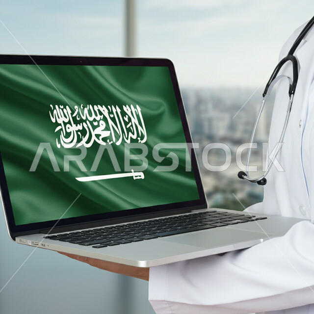 عرض علم المملكة العربية السعودية على شاشة الحاسوب المحمول في اليوم الوطني السعودي 23 سبتمبر، صورة مقربة لطبيب عربي خليجي سعودي يرتدي المعطف الطبي، العمل في قطاع الرعاية الصحية، استخدام الأجهزة الإلكترونية الحديثة في المجال الطبي، مهن ووظائف طبية  