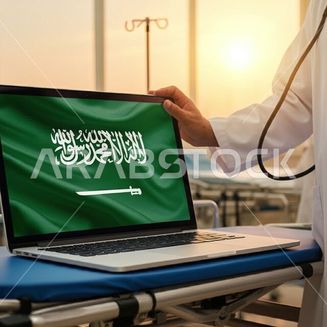 العمل في قطاع الرعاية الصحية، استخدام الأجهزة الإلكترونية الحديثة في المجال الطبي، عرض علم المملكة العربية السعودية على شاشة الحاسوب المحمول في اليوم الوطني السعودي 23 سبتمبر، صورة مقربة لطبيب عربي خليجي سعودي يرتدي المعطف الطبي، مهن ووظائف طبية  