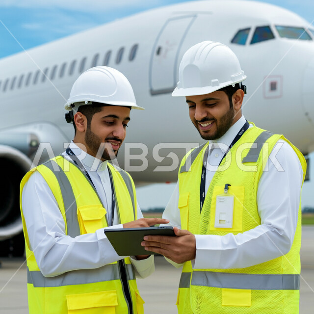 استخدام الأجهزة التقنية المتطورة، صورة مقربة لمهندسين عربيين خليجين سعوديين يرتديان الثوب التقليدي مع خوذة وسترة الحماية يستخدمان الجهاز اللوحي لمراقبة المحركات، صيانة وإنشاء الطائرات الحديثة، تبادل آراء وأفكار العمل, شركات الطيران الجوية العربية السعودية
