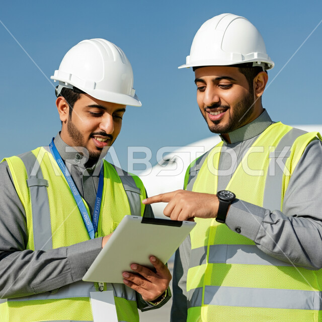Modern aircraft maintenance and construction, exchange of business ideas and opinions, Saudi Arabian Airlines, close-up of two Saudi Arabian Gulf Arab engineers wearing traditional thobe with helmet and protective jacket using tablet to monitor engines, use of advanced technical devices