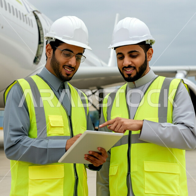 تبادل آراء وأفكار العمل, شركات الطيران الجوية العربية السعودية، صورة مقربة لمهندسين عربيين خليجين سعوديين يرتديان الثوب التقليدي مع خوذة وسترة الحماية يستخدمان الجهاز اللوحي لمراقبة المحركات, صيانة وإنشاء الطائرات الحديثة، استخدام الأجهزة التقنية المتطورة