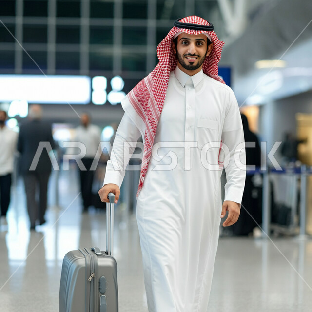 Preparing to go on a leisure trip, a Saudi Arabian Gulf man wearing a traditional shemagh and thobe holding his luggage bag looking at the camera with gestures of happiness and pleasure, waiting lounge at the airports of the Kingdom of Saudi Arabia, spending a pleasant summer vacation, elegance and interest in external appearance