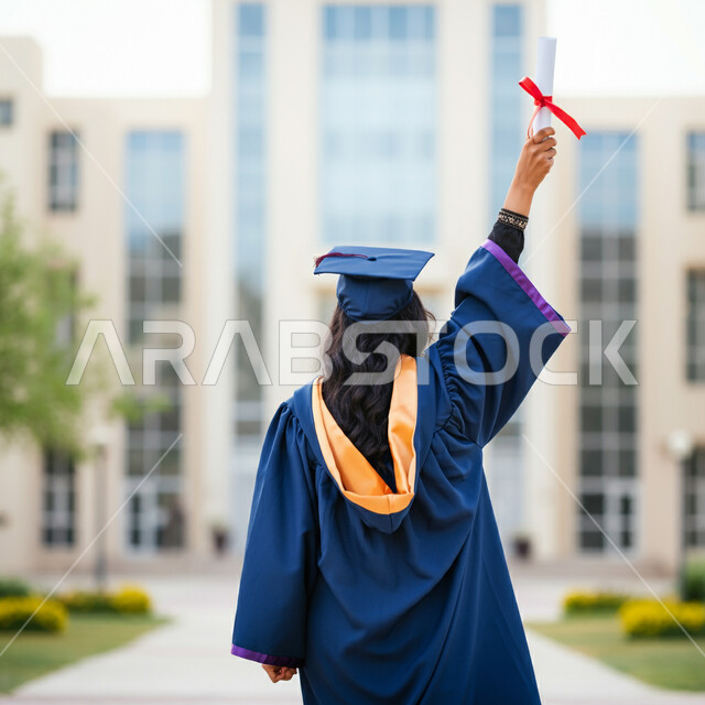 الشعور بالفخر والثقة بالنفس، مفهوم الاجتهاد والتفوق، الاحتفال بإنهاء الدراسة الجامعية، صورة من الخلف لطالبة عربية خليجية سعودية ترتدي عباءه وقبعة التخرج تحمل بيدها الشهادة