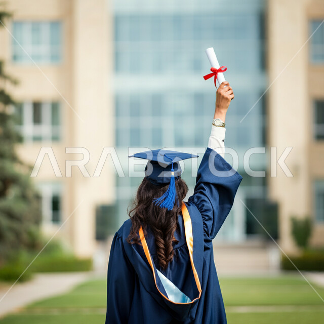 الشعور بالفخر والثقة بالنفس، مفهوم الاجتهاد والتفوق، الاحتفال بإنهاء الدراسة الجامعية، صورة من الخلف لطالبة عربية خليجية سعودية ترتدي عباءه وقبعة التخرج تحمل بيدها الشهادة