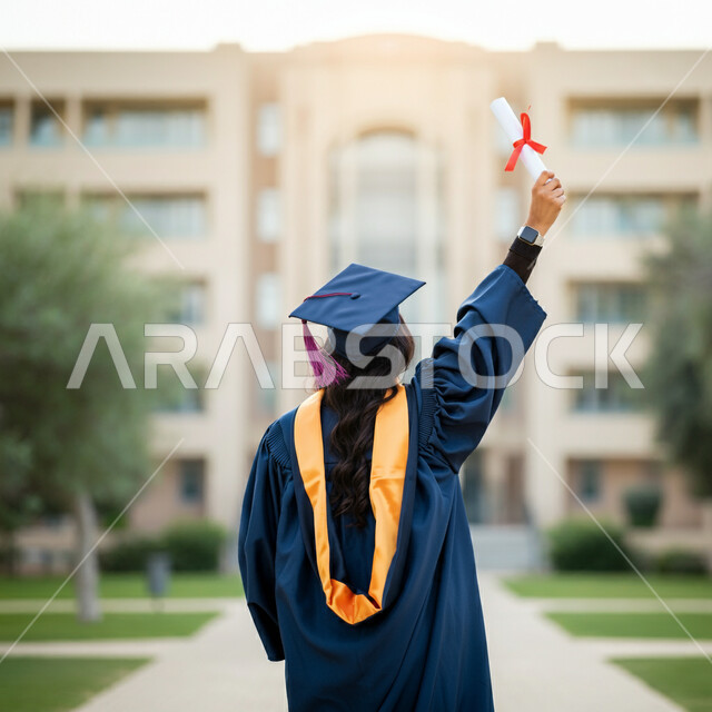 مفهوم الاجتهاد والتفوق، الشعور بالفخر والثقة بالنفس، الاحتفال بإنهاء الدراسة الجامعية، صورة من الخلف لطالبة عربية خليجية سعودية ترتدي عباءه وقبعة التخرج تحمل بيدها الشهادة
