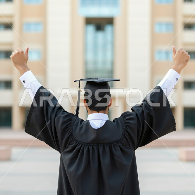 الاحتفال بإنهاء الدراسة الجامعية، تعابير النجاح والفوز، الشعور بالفخر والثقة بالنفس، مفهوم الاجتهاد والتفوق، صورة مقربة من الخلف لطالب عربي خليجي سعودي يرتدي عباءه وقبعة التخرج يرفع يديه بايماءات النصر