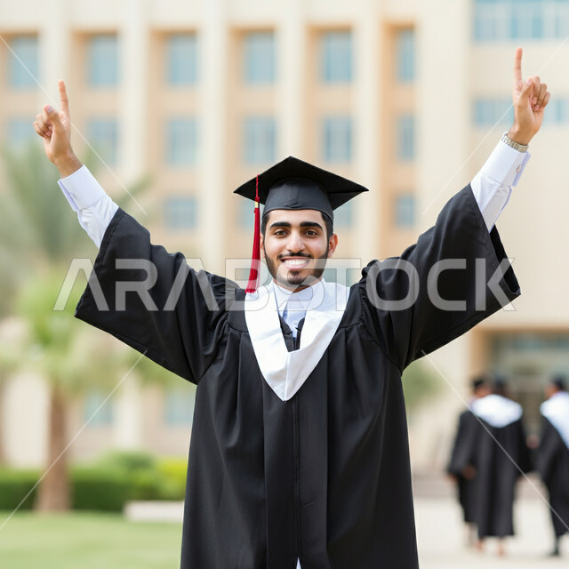 Expressions of success and victory, celebrating the completion of university studies, feeling proud and self-confident, the concept of diligence and excellence, a close-up image of a Saudi Arabian Gulf student wearing an abaya and graduation cap raising his hands in victory gestures