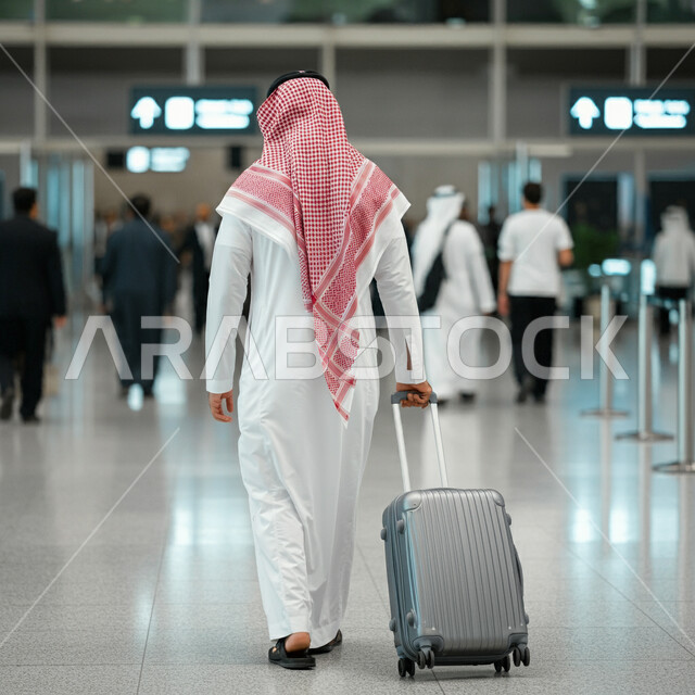 مفهوم السياحة والسفر، الاستعداد للذهاب في رحلة ترفيهية، صورة من الخلف لرجل عربي خليجي سعودي يرتدي الشماغ والثوب التقليدي يمسك بيده حقيبة الامتعة، صالة الانتظار في مطارات المملكة العربية السعودية، قضاء إجازة صيفية ممتعة، الجسم الكامل بالطول