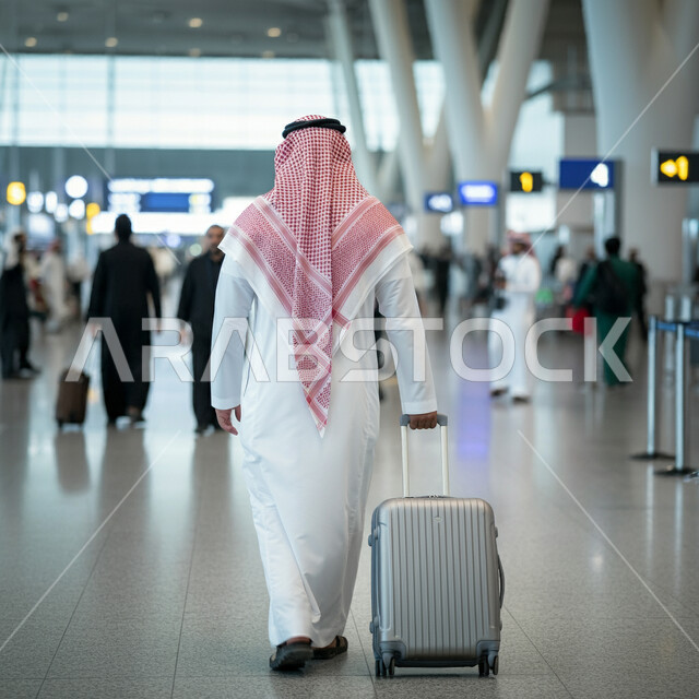 مفهوم السياحة والسفر، الاستعداد للذهاب في رحلة ترفيهية، صورة من الخلف لرجل عربي خليجي سعودي يرتدي الشماغ والثوب التقليدي يمسك بيده حقيبة الامتعة، صالة الانتظار في مطارات المملكة العربية السعودية، قضاء إجازة صيفية ممتعة، الجسم الكامل بالطول