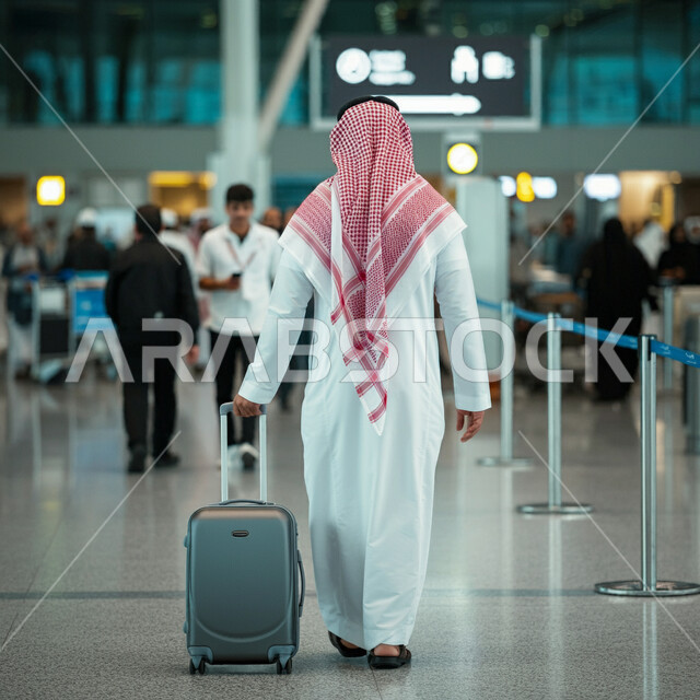 مفهوم السياحة والسفر، الاستعداد للذهاب في رحلة ترفيهية، صورة من الخلف لرجل عربي خليجي سعودي يرتدي الشماغ والثوب التقليدي يمسك بيده حقيبة الامتعة، صالة الانتظار في مطارات المملكة العربية السعودية، قضاء إجازة صيفية ممتعة، الجسم الكامل بالطول