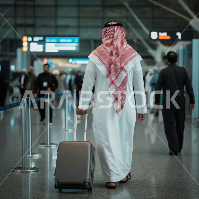 مفهوم السياحة والسفر، الاستعداد للذهاب في رحلة ترفيهية، صورة من الخلف لرجل عربي خليجي سعودي يرتدي الشماغ والثوب التقليدي يمسك بيده حقيبة الامتعة، صالة الانتظار في مطارات المملكة العربية السعودية، قضاء إجازة صيفية ممتعة، الجسم الكامل بالطول