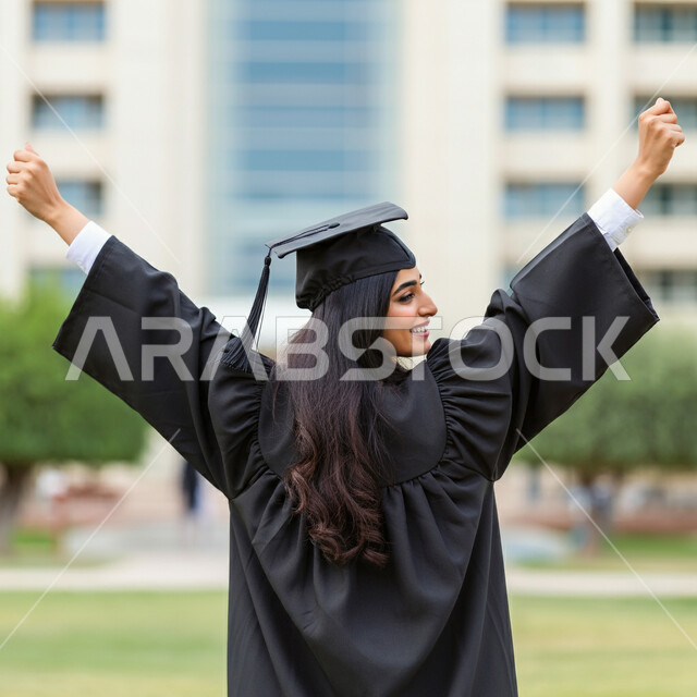 تعابير النجاح والفوز، الاحتفال بإنهاء الدراسة الجامعية، الشعور بالفخر والثقة بالنفس، مفهوم الاجتهاد والتفوق، صورة مقربة من الخلف لطالبة عربية خليجية سعودية ترتدي عباءه وقبعة التخرج ترفع يديها للاعلى بايماءات النصر