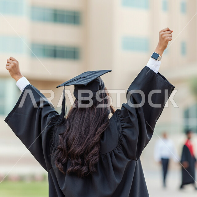 Concept of diligence and excellence, celebration of finishing university studies, expressions of success and victory, feeling proud and self-confident, close-up from the back of a Saudi Arabian Gulf student wearing an abaya and graduation cap raising her hands up in victory gestures