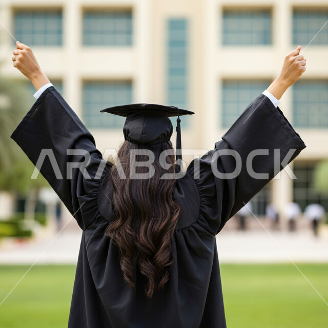 الاحتفال بإنهاء الدراسة الجامعية، تعابير النجاح والفوز، الشعور بالفخر والثقة بالنفس، مفهوم الاجتهاد والتفوق، صورة مقربة من الخلف لطالبة عربية خليجية سعودية ترتدي عباءه وقبعة التخرج ترفع يديها للاعلى بايماءات النصر