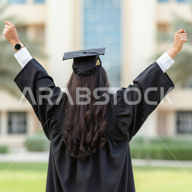 تعابير النجاح والفوز، الاحتفال بإنهاء الدراسة الجامعية، الشعور بالفخر والثقة بالنفس، مفهوم الاجتهاد والتفوق، صورة مقربة من الخلف لطالبة عربية خليجية سعودية ترتدي عباءه وقبعة التخرج ترفع يديها للاعلى بايماءات النصر