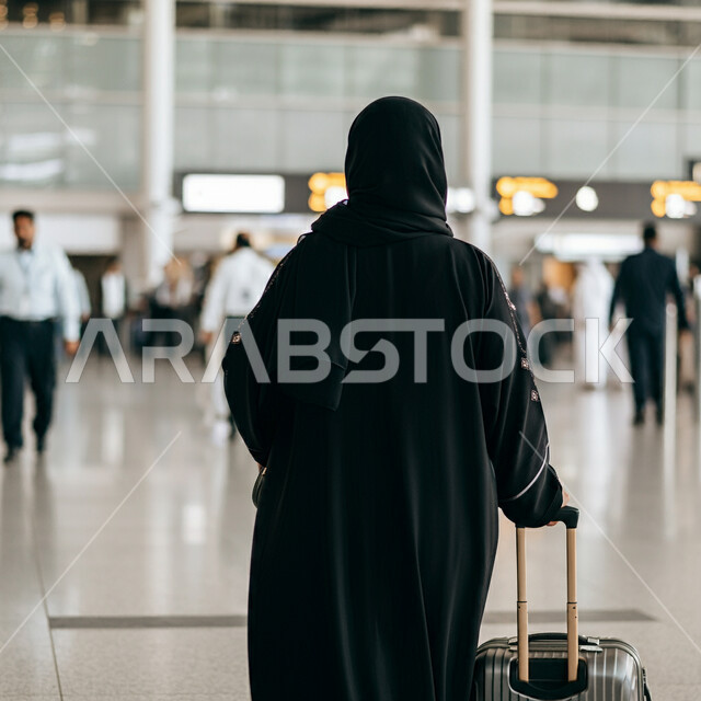 مفهوم السياحة والسفر، الاستعداد للذهاب في رحلة ترفيهية، صورة من الخلف لامرأة عربية خليجية سعودية ترتدي العباءة السوداء تمسك بيدها حقيبة الامتعة، صالة الانتظار في مطارات المملكة العربية السعودية، قضاء إجازة صيفية ممتعة